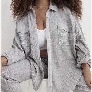 Aerie Oversized LumberJane Light Gray Waffle-Knit Button Shirt Jacket Medium